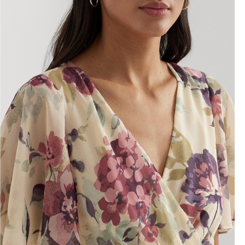 Ralph Lauren Cream Floral Wrap Dress with Pink and Purple Blooms